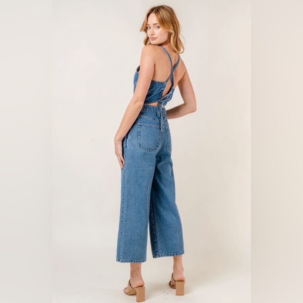 Fore Collection Denim Straight Leg Halter Jumpsuit - Picture 2 of 5